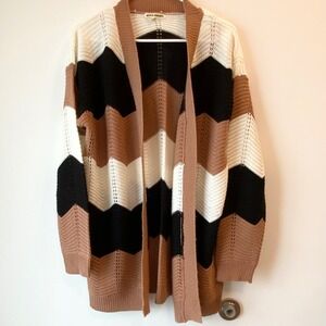 Moral Society Cardigan Womens L Tan Chevron Open Front Pointelle Knit Sweater